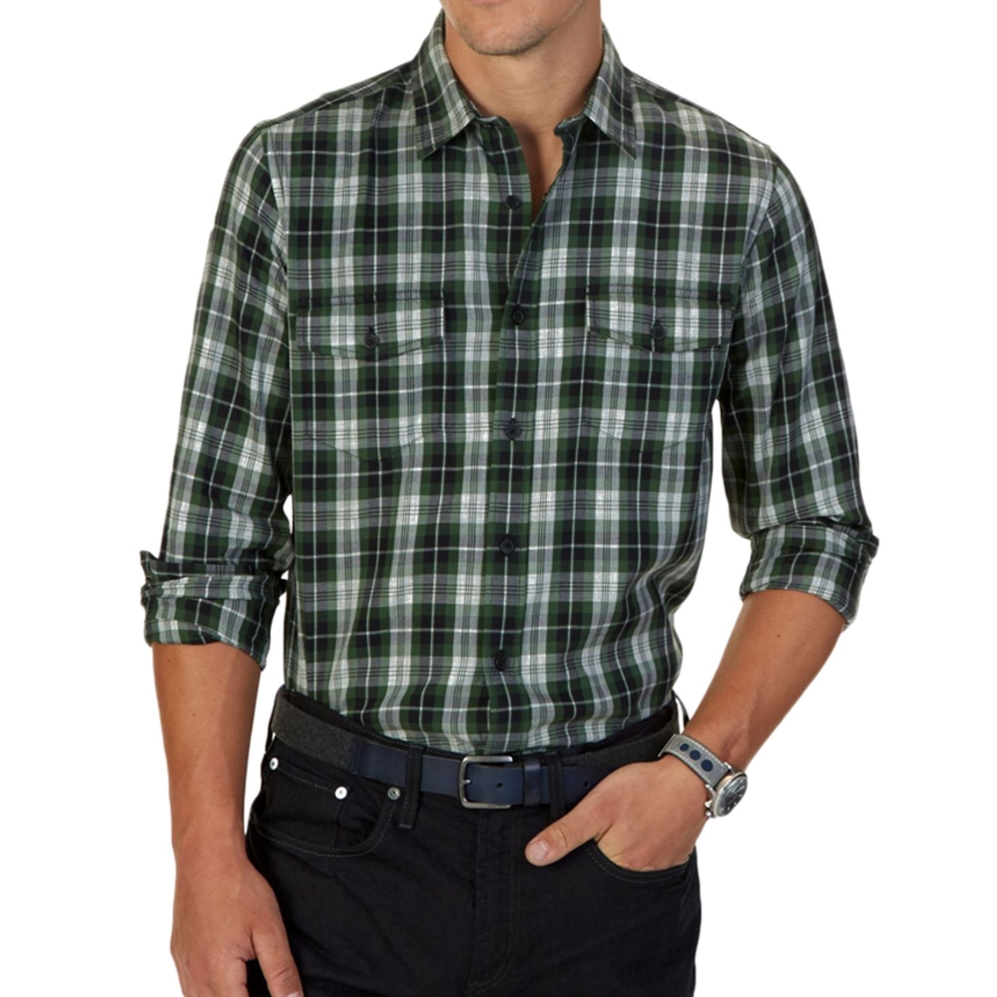 Mens Plaid Button Up Shirt, Green, Small